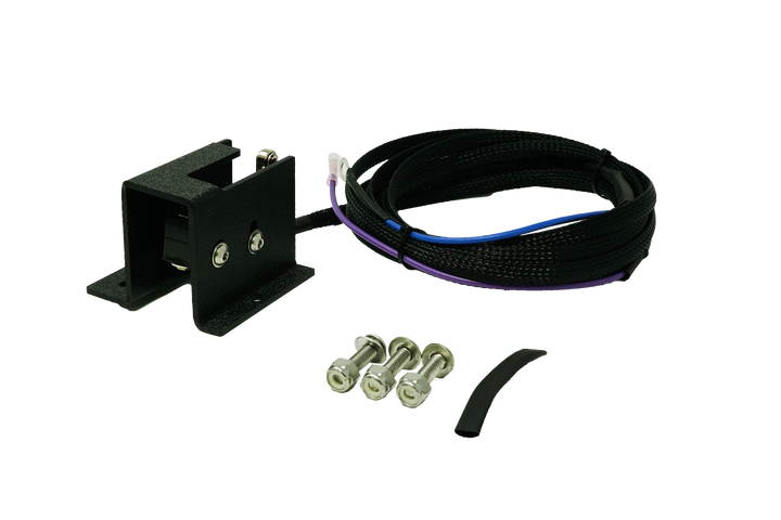 Black metal mounting bracket with wiring harness and three mounting bolts