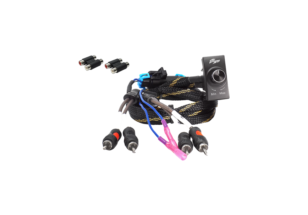 coiled subwoofer harness with rocker switch bass knob and 2 femail-to-female barrel connectors 