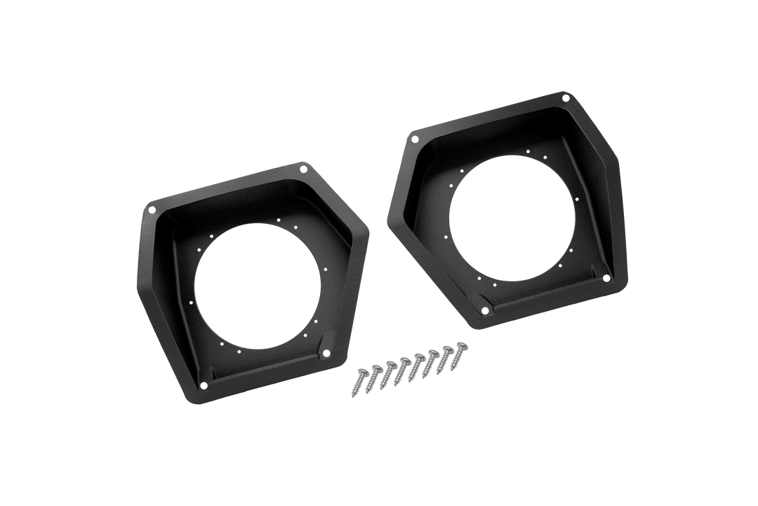Two black speaker mounting pods with included mounting screws