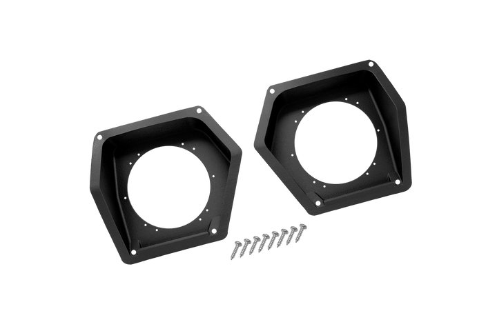 Two black speaker mounting pods with included mounting screws