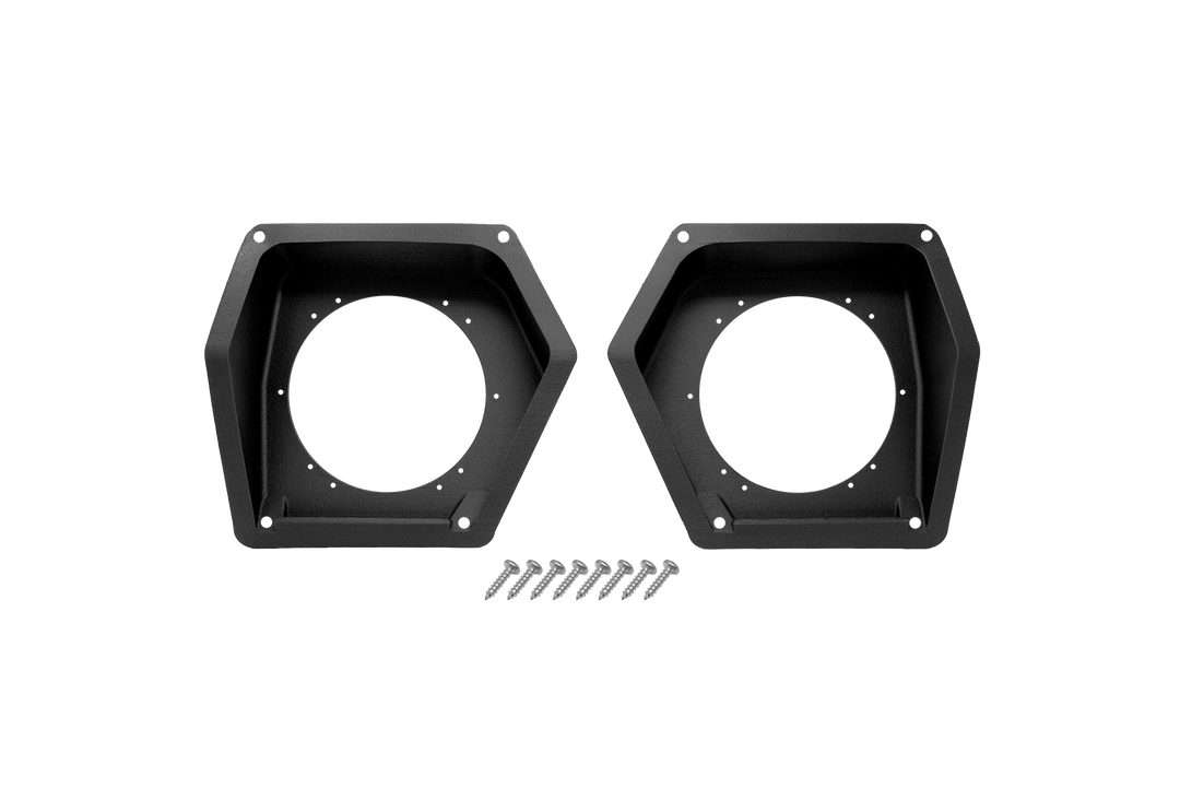 Two black hexagonal speaker mounting brackets with mounting screws