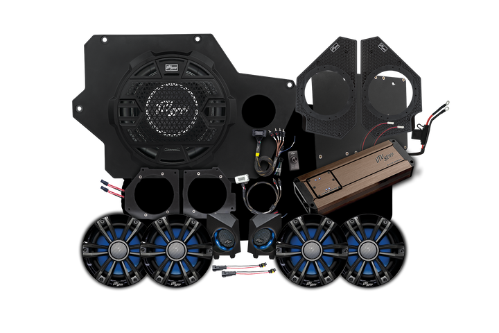 UTV Stereo audio system kit with subwoofer, amplifier, speakers, and mounting hardware