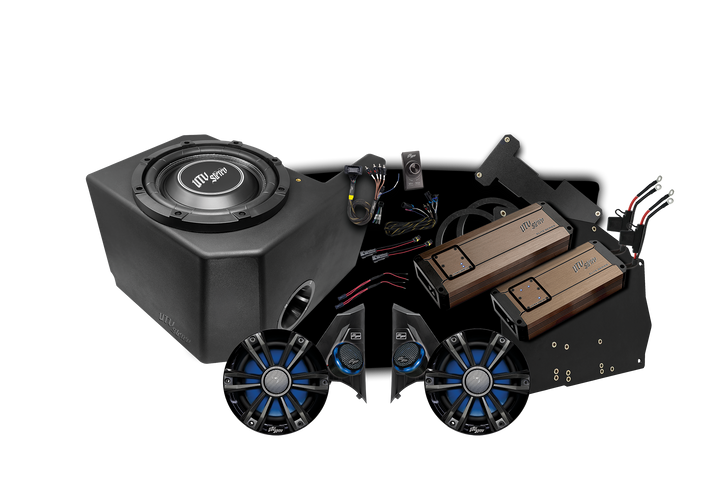 UTV Stereo audio system kit including subwoofer enclosure, two amplifiers, speakers, and wiring harness