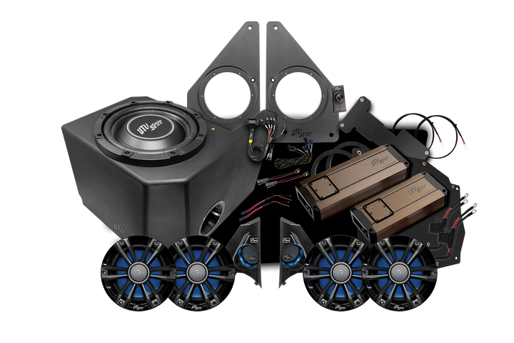 UTV Stereo audio system kit including subwoofer enclosure, amplifiers, speakers, and mounting brackets