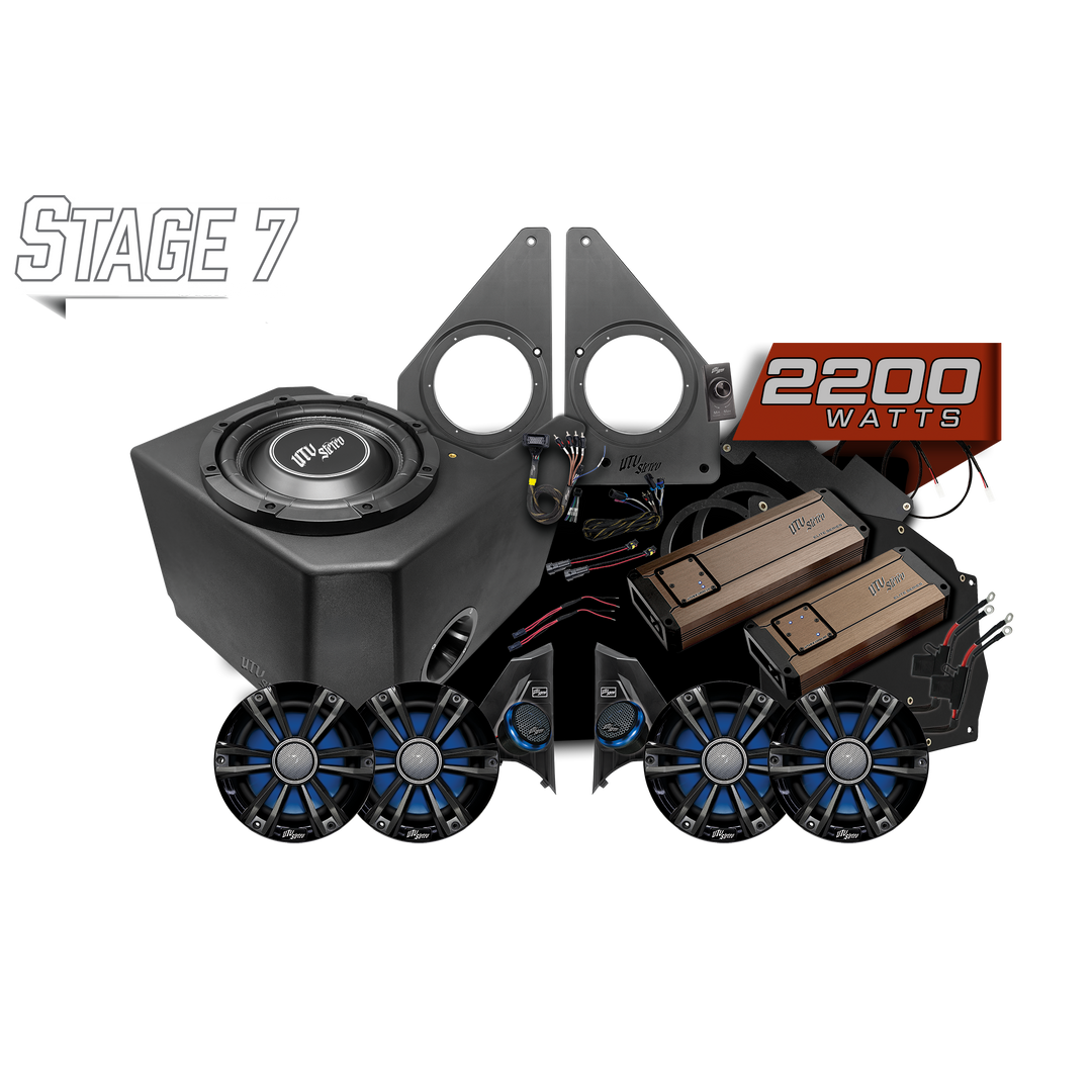 UTV Stereo Stage 7 audio system kit with subwoofer, amplifiers, speakers, and mounting hardware