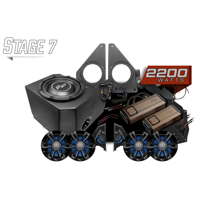UTV Stereo Stage 7 audio system kit with subwoofer, amplifiers, speakers, and mounting hardware