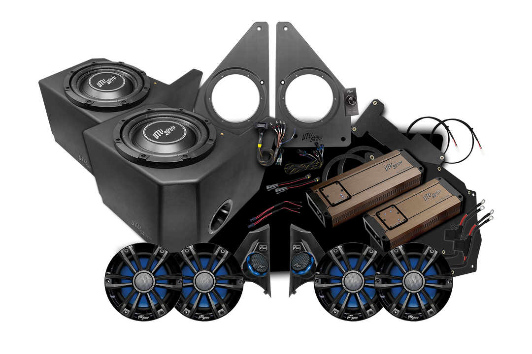 UTV Stereo audio system kit with subwoofers speakers amplifiers and mounting hardware
