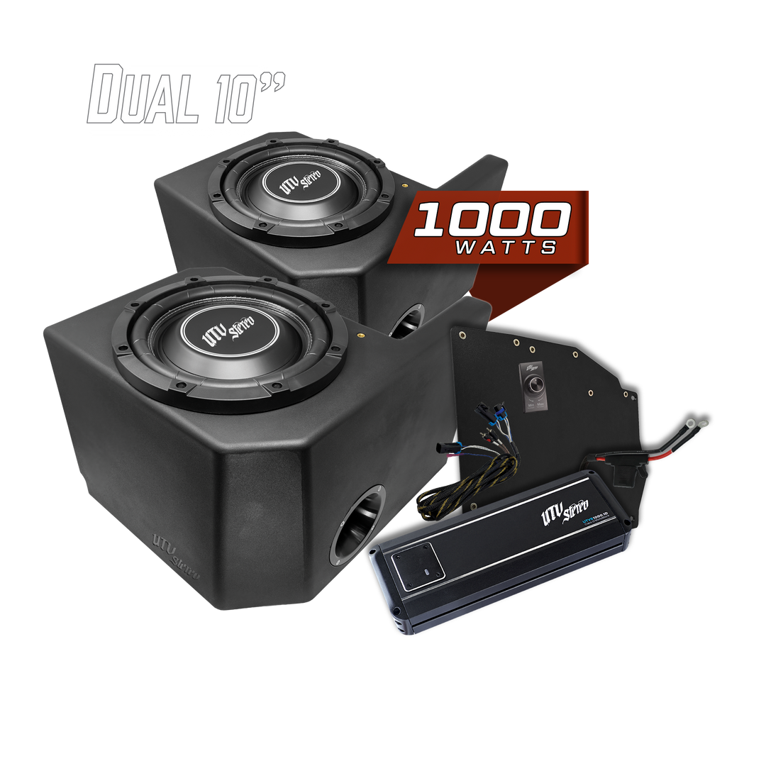 UTV Stereo dual 10 inch subwoofer enclosure kit with 1000 watt amplifier and wiring harness