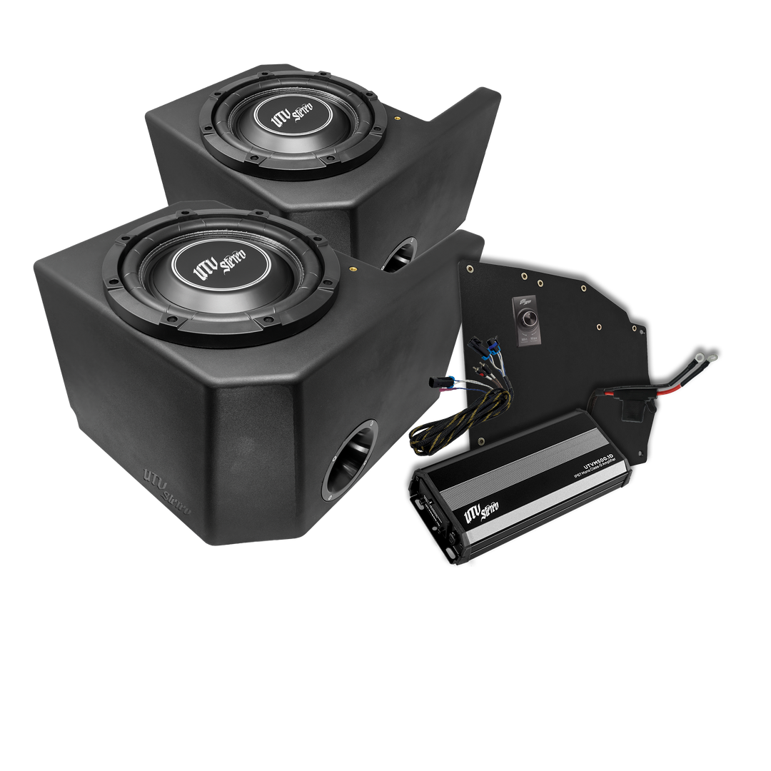 UTV Stereo subwoofer kit with two enclosures, amplifier, and wiring harness