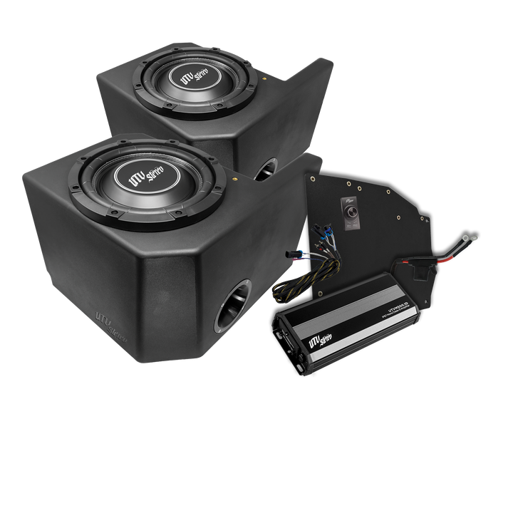 UTV Stereo subwoofer kit with two enclosures, amplifier, and wiring harness