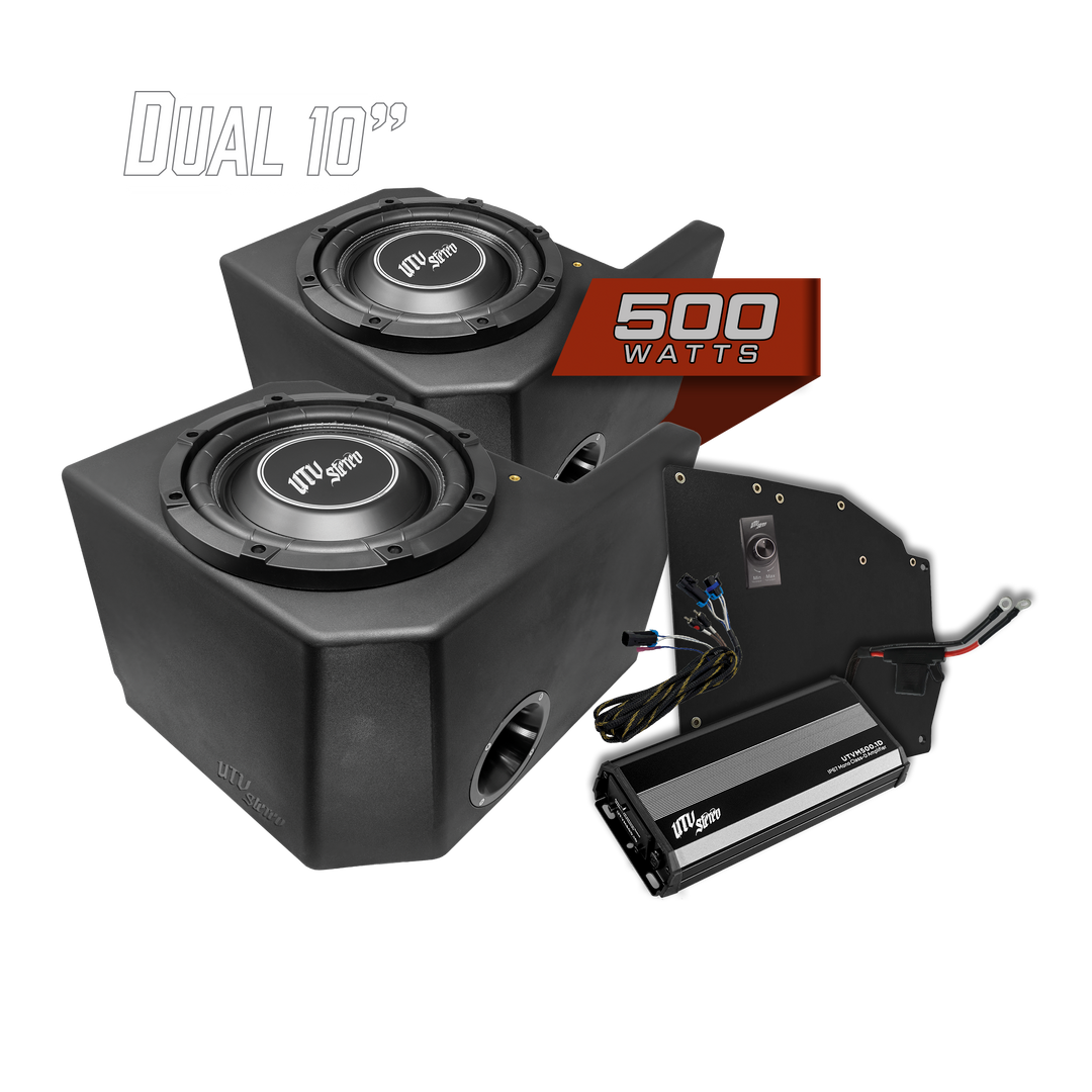 UTV Stereo dual 10 inch subwoofer kit with 500 watt amplifier and wiring