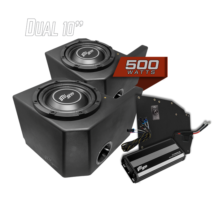 UTV Stereo dual 10 inch subwoofer kit with 500 watt amplifier and wiring