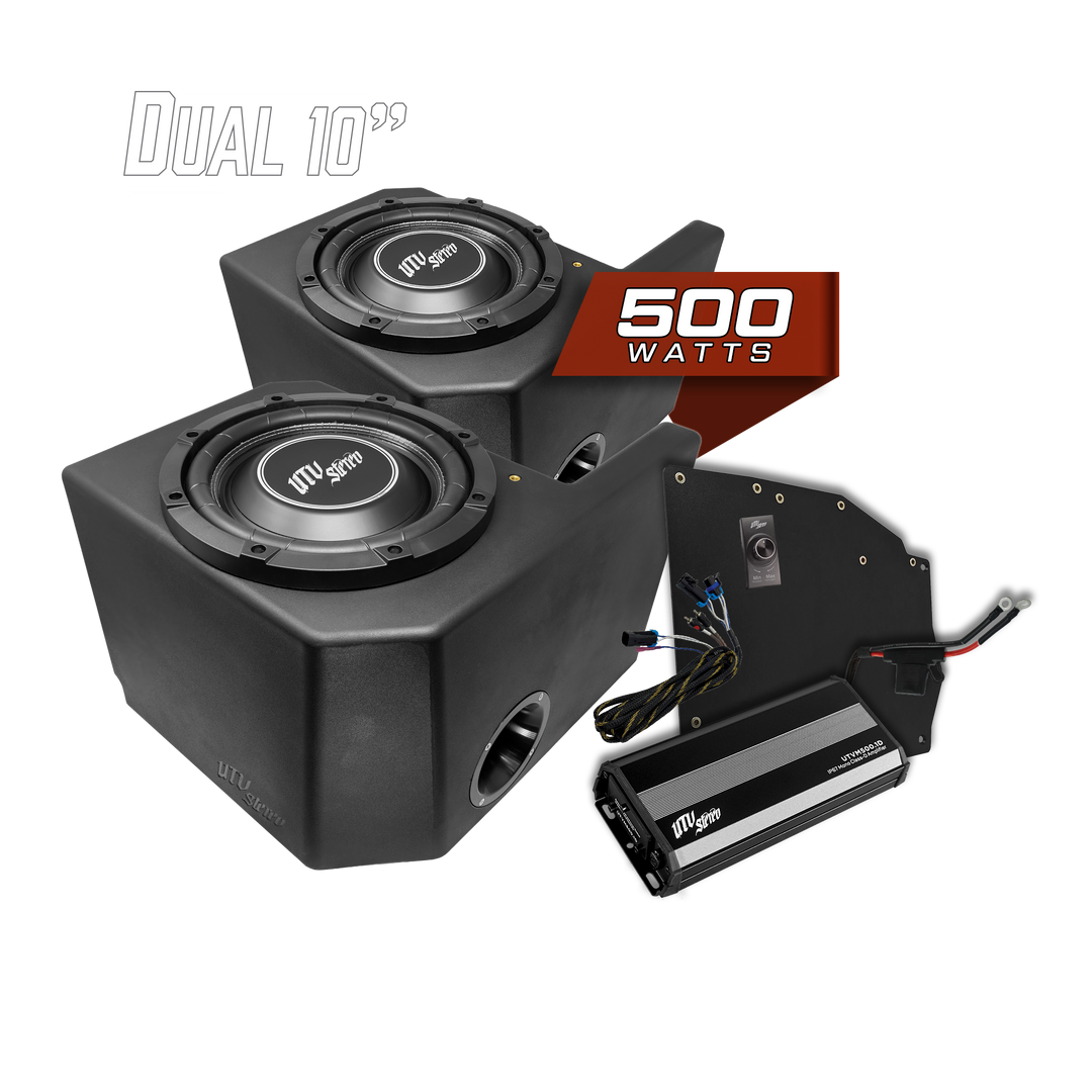 UTV Stereo dual 10 inch subwoofer enclosure with 500 watt amplifier and wiring kit