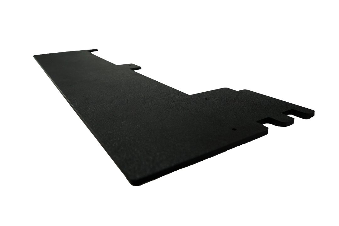 Black L shaped flat metal bracket with mounting holes