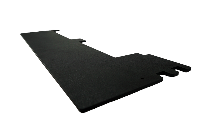 Black L shaped flat metal bracket with mounting holes