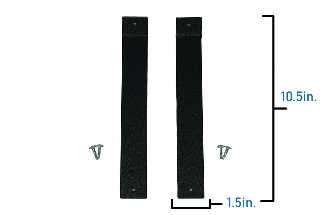UTV Stereo black mounting brackets with screws and dimension labels