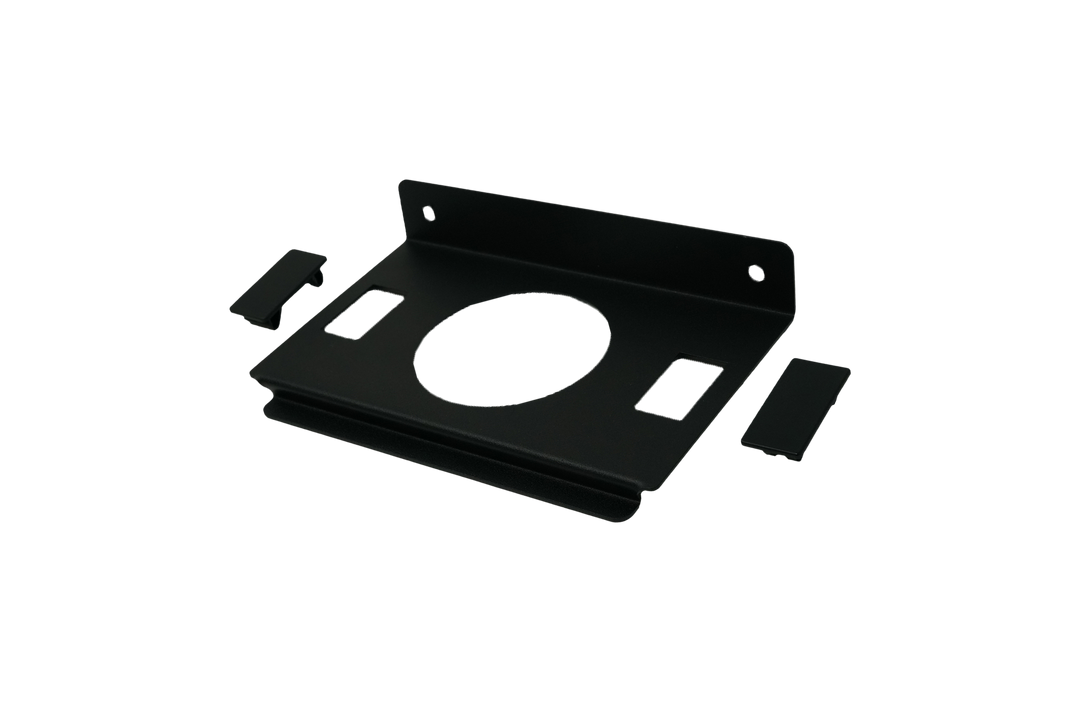 Black metal wall mount bracket with circular center cutout and two side covers