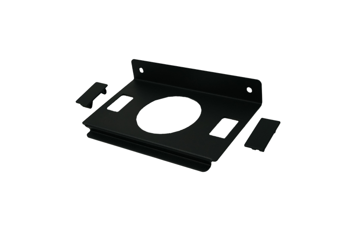 Black metal wall mount bracket with circular center cutout and two side covers