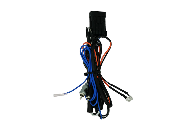 Automotive wiring harness with black connector and RCA cables