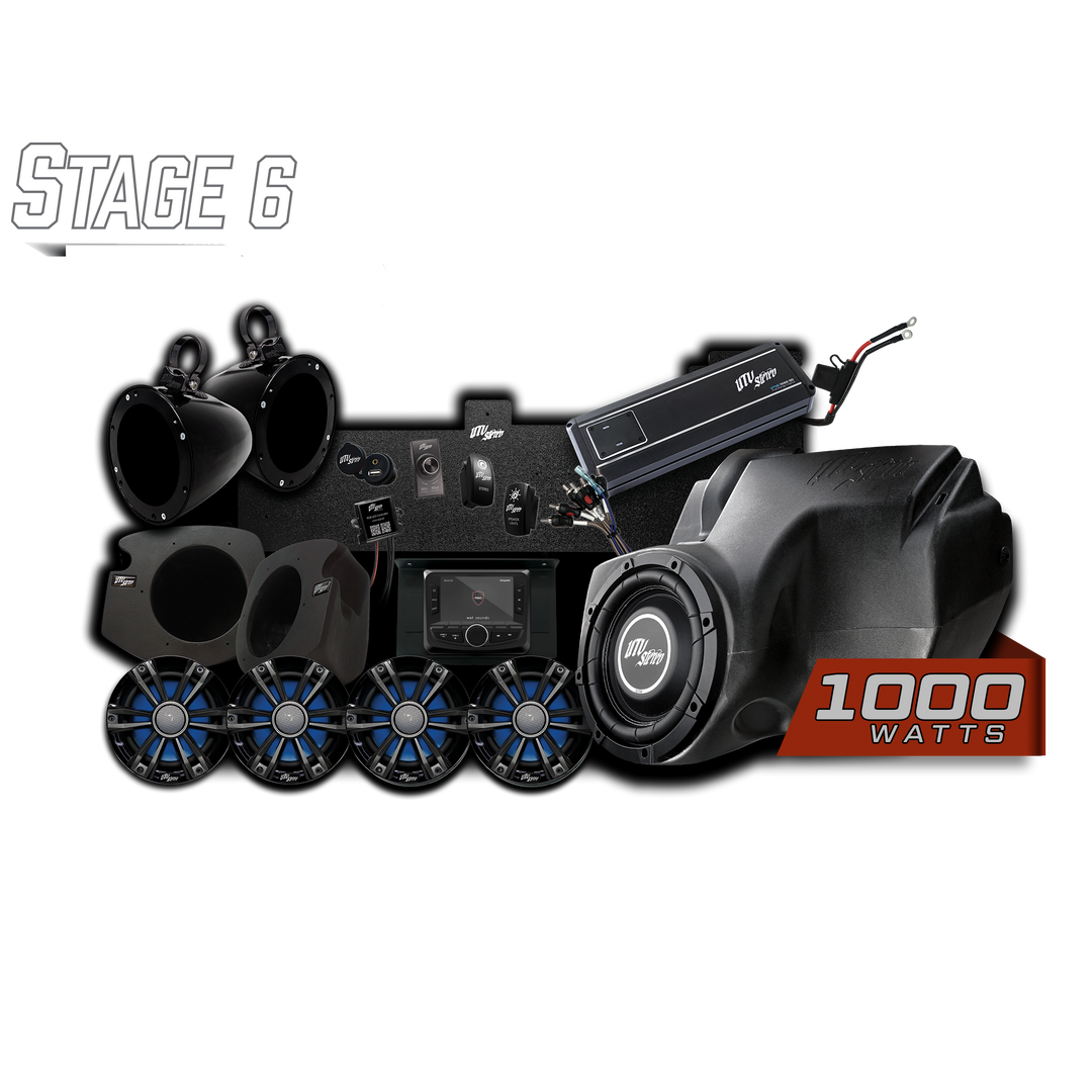 UTV Stereo Stage 6 audio system kit with speakers, subwoofer, amplifier, and head unit