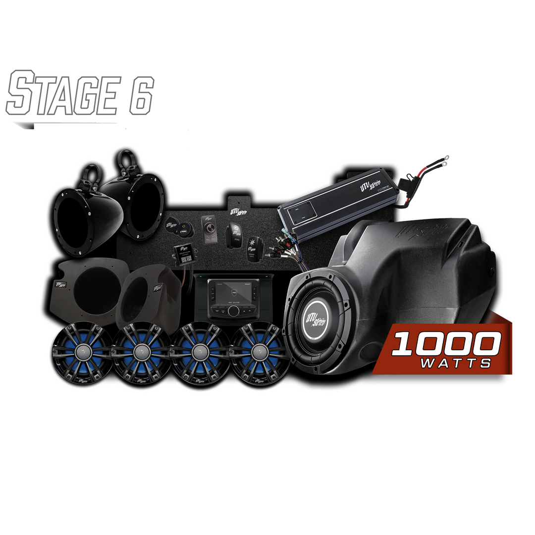 UTV Stereo Stage 6 audio system kit with speakers, subwoofer, amplifier, and head unit
