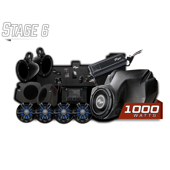 UTV Stereo Stage 6 audio system kit with speakers, subwoofer, amplifier, and head unit