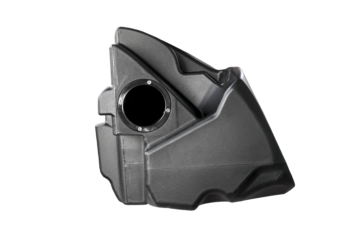 Black molded plastic vehicle storage box with circular access port