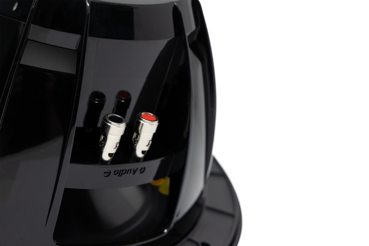 Rear view of a black subwoofer showing metal speaker wire terminals with red and black accents