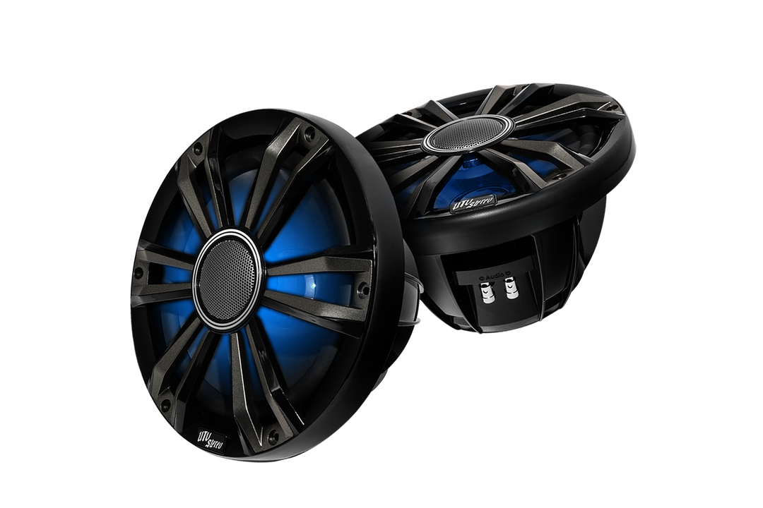 Two UTV Stereo black marine speakers with blue LED lighting