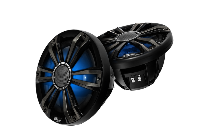 Two UTV Stereo black marine speakers with blue LED lighting