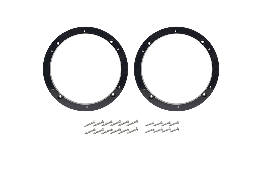 Two black circular speaker mounting rings with a set of metal screws