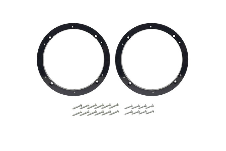 Two black circular speaker mounting rings with a set of metal screws