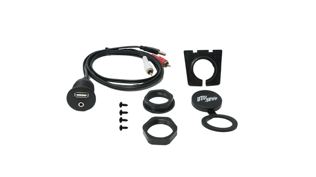 UTV Stereo USB and auxiliary port extension cable kit with mounting hardware