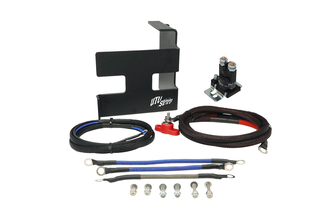 UTV Stereo dual battery kit with mounting bracket relay cables and hardware