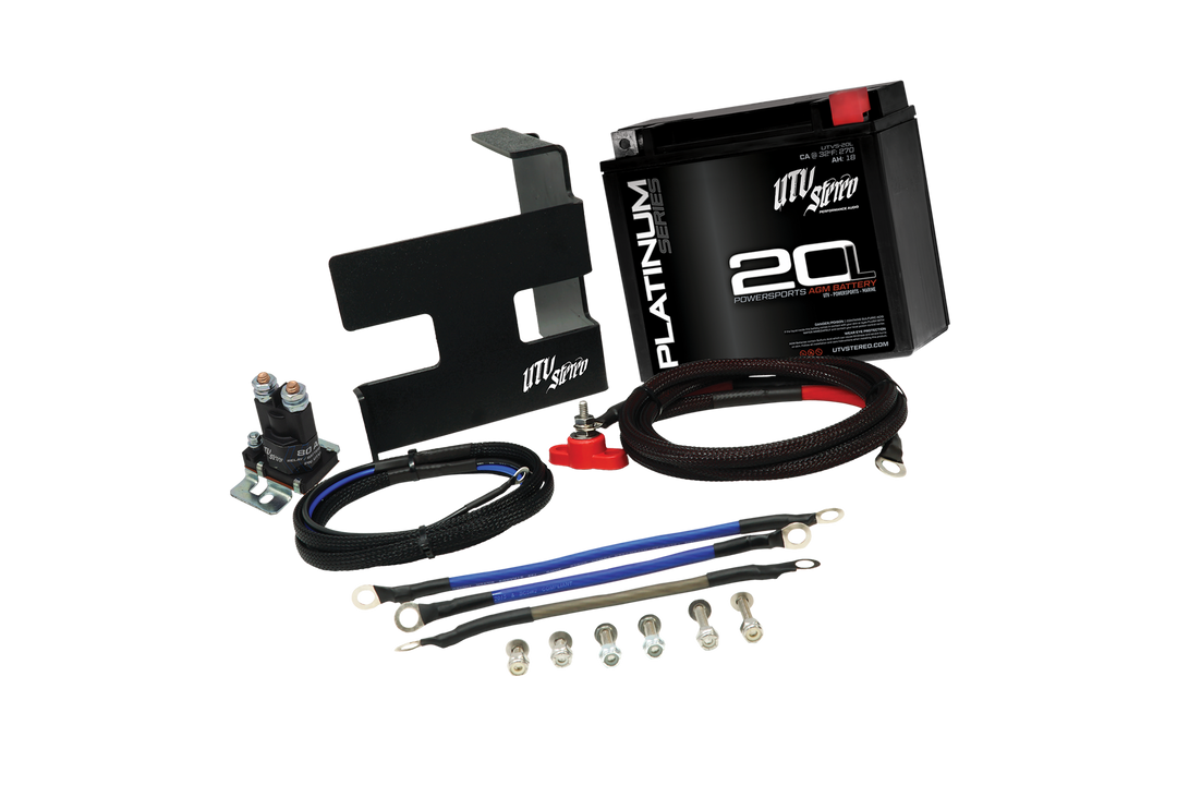 UTV Stereo battery kit with AGM battery, mounting bracket, relay, cables, and hardware