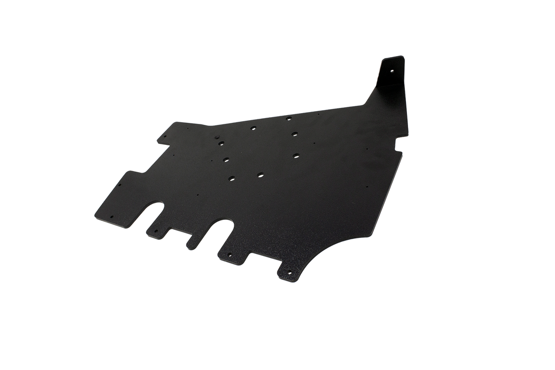 Black metal mounting plate with multiple circular cutouts and bolt holes