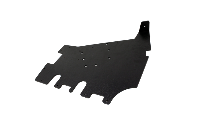 Black metal mounting plate with multiple circular cutouts and bolt holes