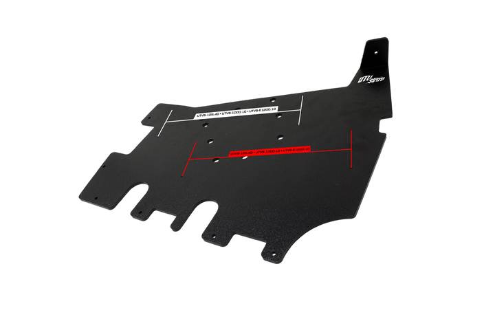 UTV Sierra black metal skid plate with measurement lines and model numbers
