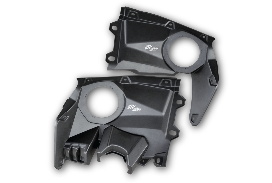 Pair of black UTV Stereo speaker kick panels for vehicle audio installation