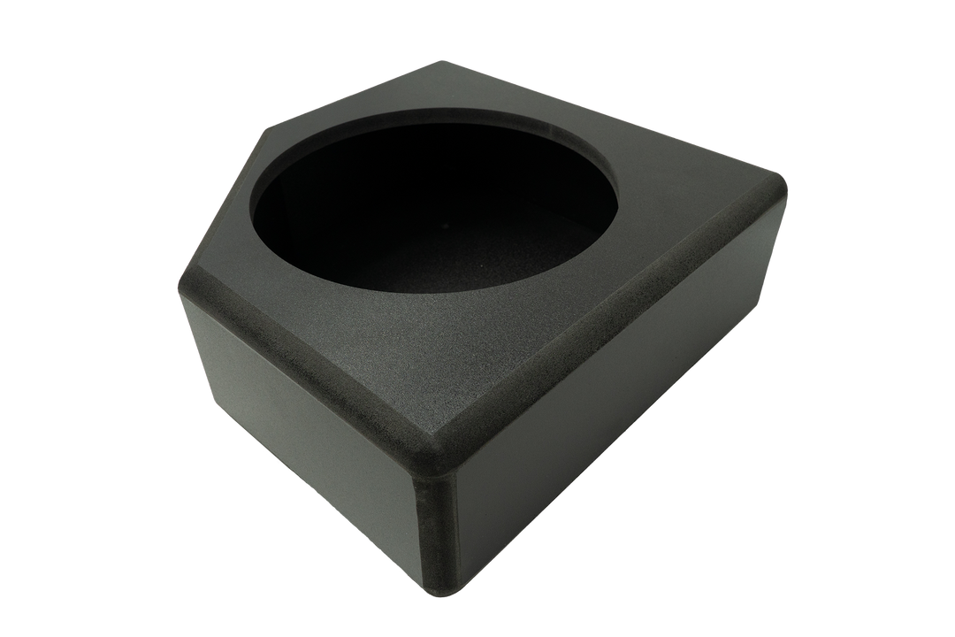 Black single subwoofer enclosure box with circular speaker cutout