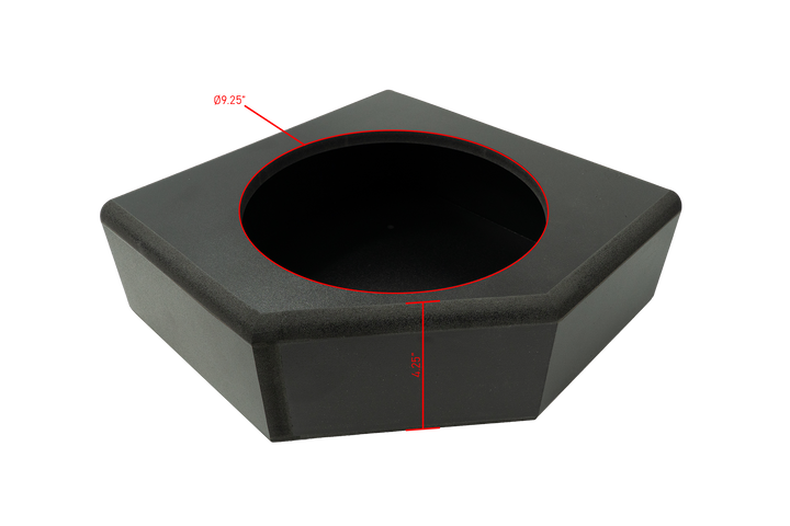 UTV Stereo black subwoofer enclosure with dimension lines showing 9.25 inch diameter and 4.25 inch depth