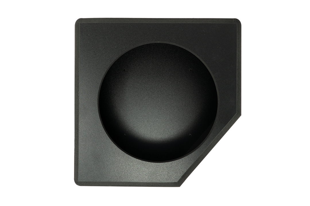 Black subwoofer enclosure with a circular cutout
