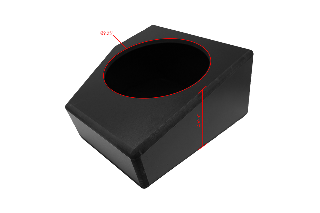 UTV Stereo black subwoofer enclosure with red dimension lines showing 9.25 inch diameter and 4.625 inch height
