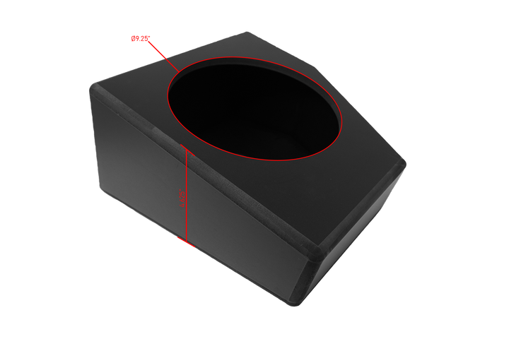 Black subwoofer enclosure with red dimension lines indicating 9.25 inch diameter and 4.625 inch depth