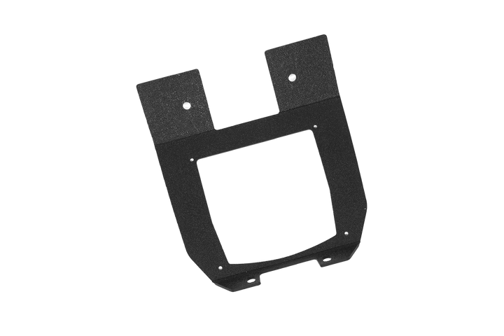 Black metal mounting bracket with a central square cutout and predrilled holes