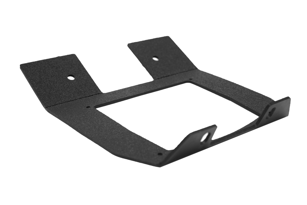 Black metal mounting bracket with four bolt holes