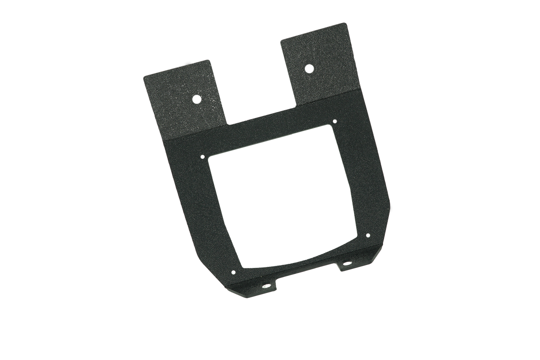 UTV Stereo black metal mounting bracket with central square cutout and mounting holes
