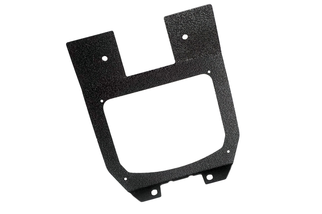 Black textured metal mounting bracket with central cutout and multiple bolt holes