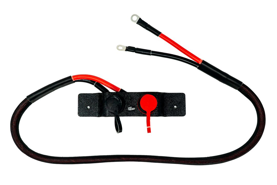 Remote battery terminal kit with red and black cables and protective caps