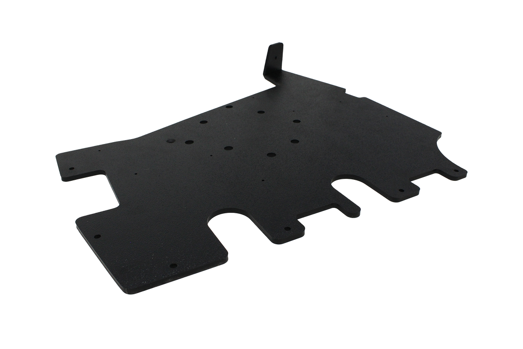 Black powder coated metal mounting plate with pre drilled holes and cutouts